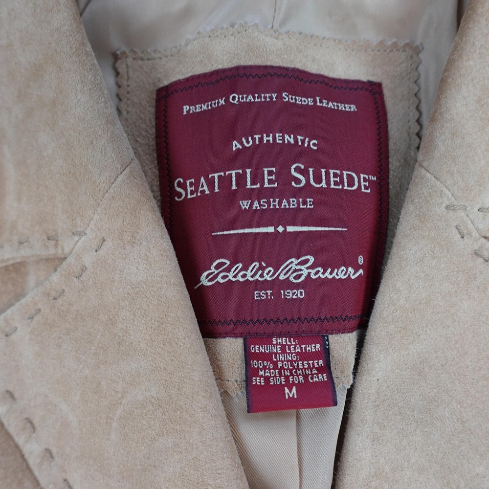 Eddie Bauer Seattle Suede Coat Womens Medium Beige Leather Long Lined Overcoat - Picture 4 of 10